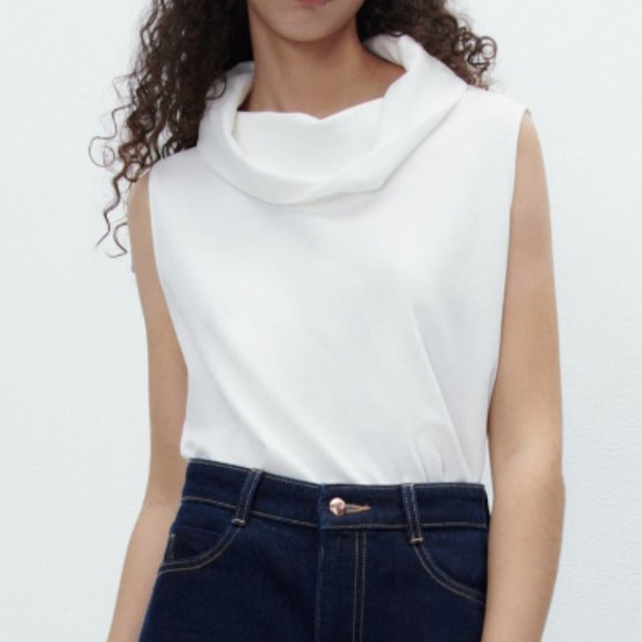 ZARA WHITE COWL NECK STRETCH DRAPED COLLAR BLOUSE - Picture 2 of 7